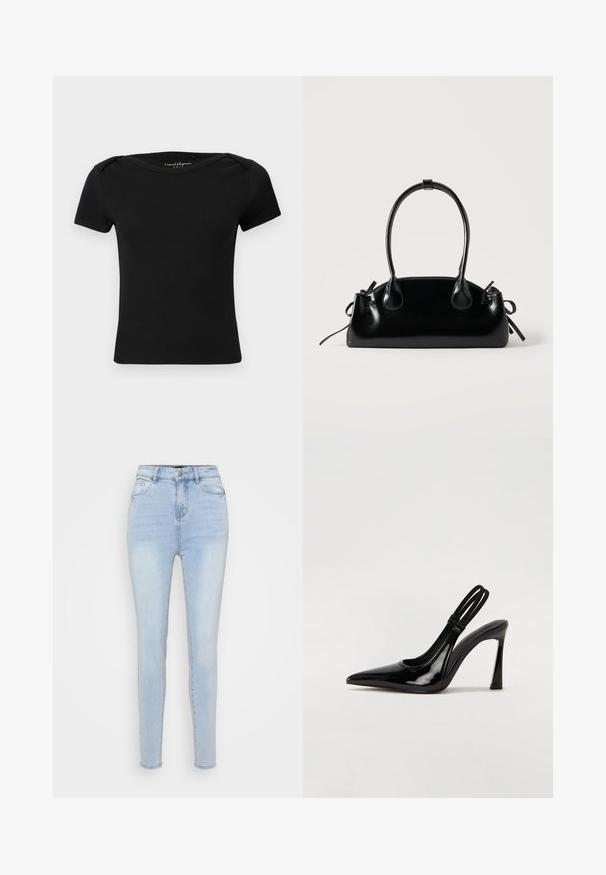 Čierny priliehavý krátky rukáv s rebrovanou textúrou a výstrihom do člna, so štítkom "Casual Elegance ONLY" vo vnútri goliera.; Svetlomodré džínsy Skinny s vysokým pásom, desiatimi vreckami a jemným vyblednutím. Majú zips a kovový gombík na zapínanie.; Čierne lakované kožené slingback lodičky s špicatou špičkou, štíhlým vysokým podpätkom a dvojitým elastickým pásom pre bezpečné uchytenie. Hladký, lesklý povrch.; Malá čierna lesklá kabelka s dvoma dlhými rúčkami a bočnými šnúrkovými detailmi na jednoduchom svetlom pozadí.