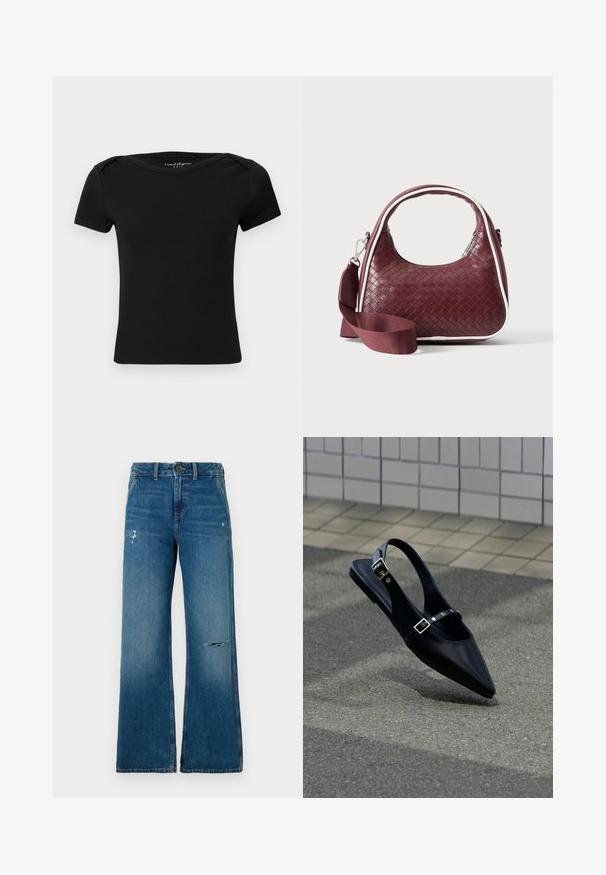 Sort, ribbet kortærmet tætsiddende top med bådformet halsudskæring og mærkat "Casual Elegance ONLY" indeni kraven.; Blå denim bukser med brede ben og en falmet struktur, der har to slidte områder foran, en knaplukning og fem lomme-design.; Sort flad slingback med spids tå og dobbelte spænder, hvilende på grå asfalt nær flisevæg.; Mørkerød vævet lædertaske med buet hank, hvid kant, sølv lynlås og aftagelig bred stofskulderrem mod en ensfarvet baggrund.