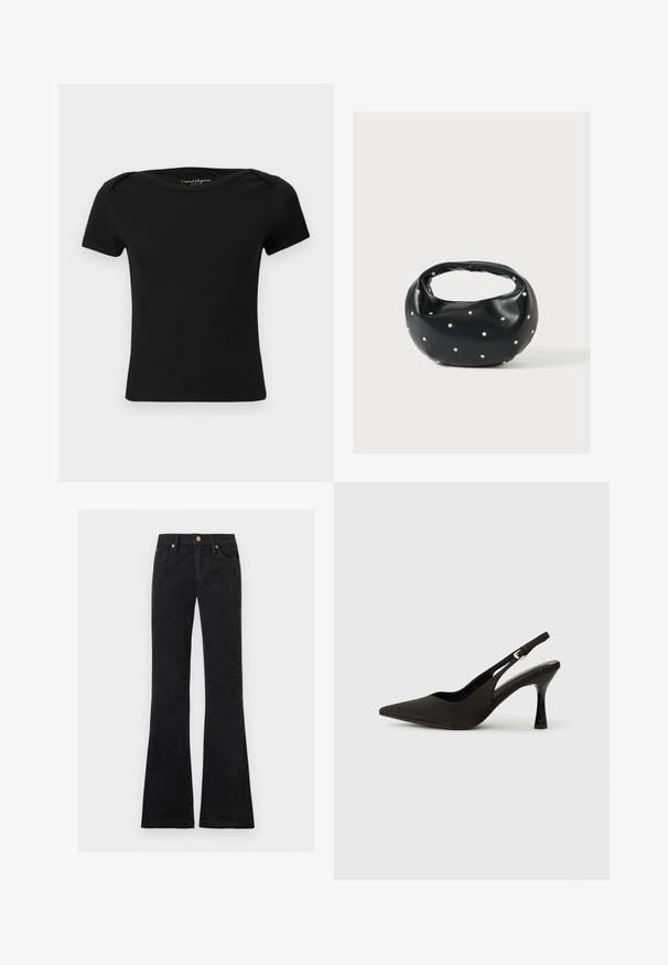 Haut noir côtelé à manches courtes ajusté avec encolure bateau et étiquette "Casual Elegance ONLY" à l'intérieur du col.; Jean noir taille haute avec jambes évasées, fermeture devant par bouton et zip, et design à cinq poches.; Chaussures à talons noires avec une bride, à bout pointu, finition mate lisse et talon fin brillant. Sangle ajustable avec petit détail de boucle.; Sac à main en cuir noir de forme arrondie, décoré de clous argentés et équipé d'une poignée courte. Texture lisse et fermeture éclair.