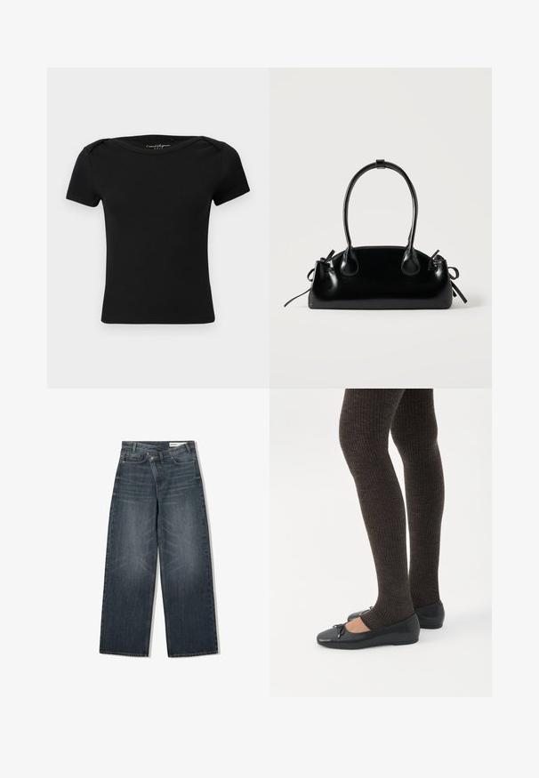 Čierny priliehavý krátky rukáv s rebrovanou textúrou a výstrihom do člna, so štítkom "Casual Elegance ONLY" vo vnútri goliera.; Tmavé denimové džínsy s širokým strihom, s vysokým pásom, piatimi vreckami a jemným žmurkaním na prednej strane.; Nohy v tmavých pásikavých legínach v kombinácii s čiernymi balerínkami s malými mašličkami na bielom pozadí.; Malá čierna lesklá kabelka s dvoma dlhými rúčkami a bočnými šnúrkovými detailmi na jednoduchom svetlom pozadí.