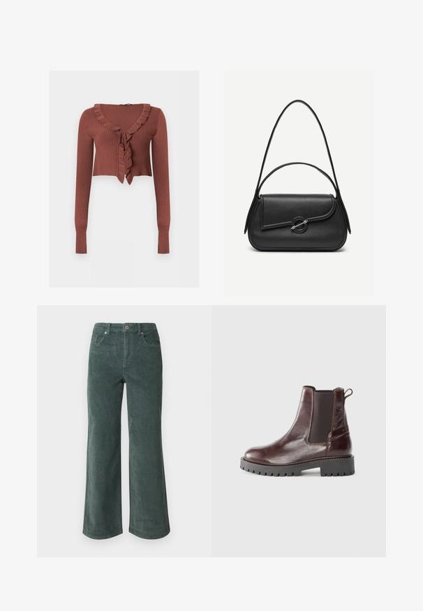Ribbet langærmet cropped sweater i rustbrun med flæset V-udskæring og bindedetalje foran.; Vero Moda Petite VMTESSA PANTS - Bukser - balsam green; Brune læder Chelsea støvler med elastiske sidepaneler, trækstrop og robust sort gummisål. Glat, poleret finish med diskret syning.; Sort læderhåndtaske med afrundede kanter, asymmetrisk klap, metalcirkulært spænde samt både korte og lange skulderstropper.