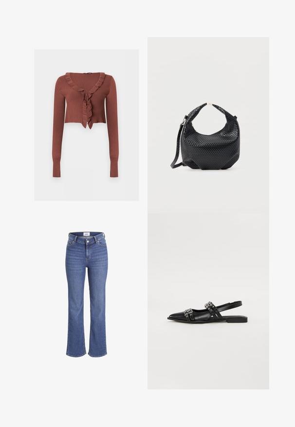 Ribbet langærmet cropped sweater i rustbrun med flæset V-udskæring og bindedetalje foran.; Mørkeblå jeans i denim med høj talje, brede ben og et traditionelt fem-lomme design. Har synlig syning og lukning med en frontknap.; Even&Odd Slingback-ballerinasko - black; Sort flettet læderhåndtaske med kort håndtag og aftagelig skulderrem, vist mod en ensfarvet lys baggrund.