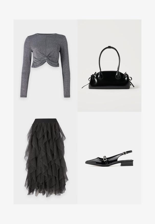 Zilveren lange mouwen cropped top met gedraaide voorkant, voorzien van een textuur met glinsterende stof voor extra glans en dimensie.; Zwarte gelaagde tule rok met gerimpelde lagen en een glinsterend, zilver gespikkeld patroon. Voorzien van een zwarte elastische tailleband.; RAID RAMIA - Slingback ballerina´s - black; Kleine zwarte glanzende handtas met twee lange hengsels en zijkant trekkoord details op een effen lichte achtergrond.