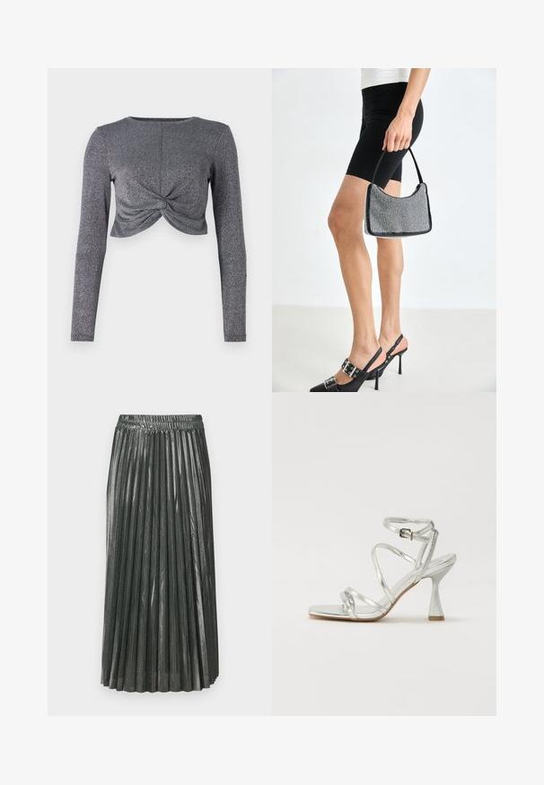 Sølv langærmet cropped top med snoet frontdesign, der har et struktureret, glitrende stof for ekstra glans og dimension.; Metallic grøn plisseret nederdel med elastisk talje. Har smalle, vertikale plisser og et mellemlangt design, der skaber en struktureret silhuet.; Sølv høje hæle sandaler med flere krydsschooler, en spændeankelrem og en skulptureret hæl, med en skinnende metallisk finish.; Sort perlehandtaske med en buet silhuet, bærehåndtag og blank overflade. Båret med højhælede sorte sko og tætsiddende sorte shorts.
