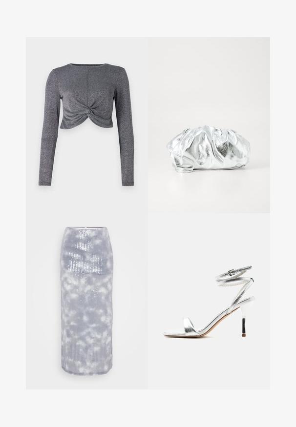 Sølv langærmet cropped top med snoet frontdesign, der har et struktureret, glitrende stof for ekstra glans og dimension.; Grå midi-nederdel lavet af ribbet stof med et sky mønster og pailletter. Den har en tætsiddende pasform og en glat kant.; Sølv højhællet sandal med ankelremme og en tynd stilethæl, vist fra siden på en hvid baggrund.; Metallisk sølv clutch taske med en blød, samlet krop og en tynd skulderrem. Har en glat, skinnende overflade og rund form.