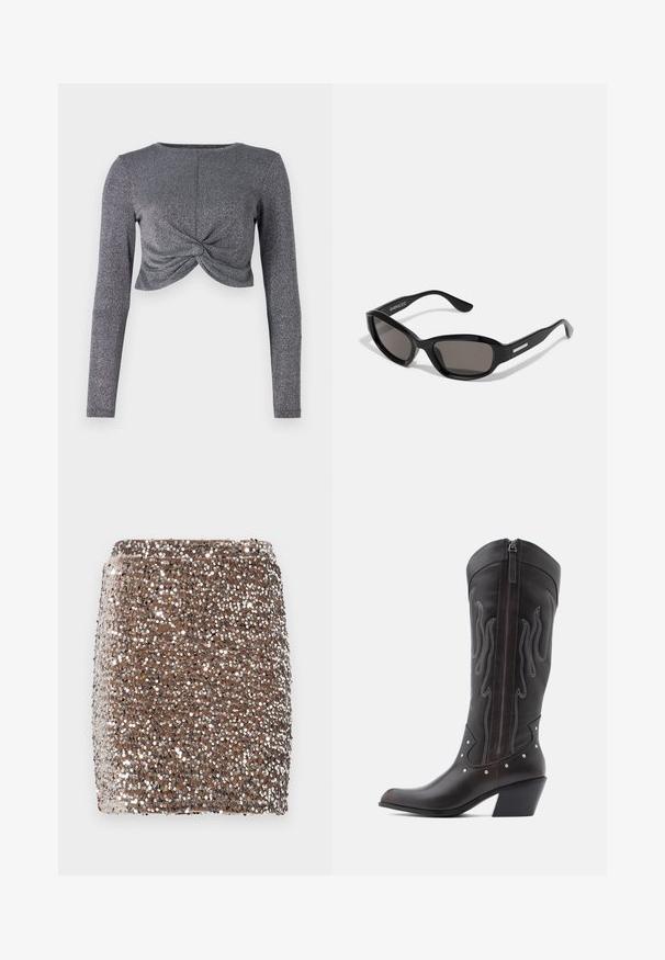 Hõbedane pikakä sleeves cropped top, millel on keeratud esitlussuurus, esitades tekstuuriga, sädelevat kangast, mis lisab sära ja mõõtmeid.; Pruunist litridest miniseelik, millel on toetav disain ja mis on kaetud peegelduvate hõbedaste litritega, luues tekstuurse ja sädeleva efekti.; Pruunid nahast kootsasaapad leegitikkimisega, küljes lukk, hõbedased naelad, terav nina ja paks konts.; Mustad prillid, millel on ristkülikukujuline raam, tumedad objektiivid, sile plastikmaterjal ja metallist aksent tempel.
