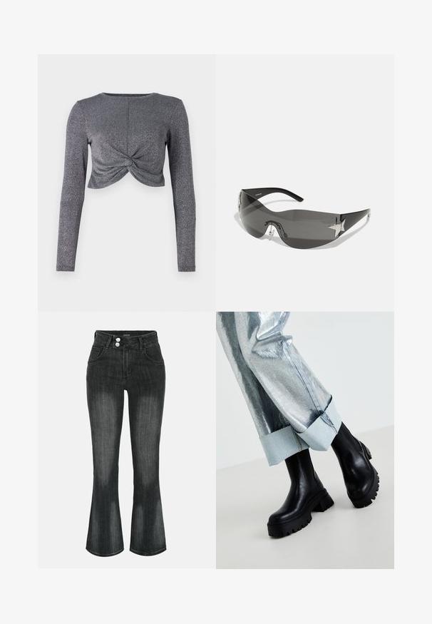 Zilveren lange mouwen cropped top met gedraaide voorkant, voorzien van een textuur met glinsterende stof voor extra glans en dimensie.; Zwart gewassen denim jeans met hoge taille, dubbele knoopsluiting, voorzakken en licht uitlopende pijpen.; Zwarte chunky enkelboots met textuurzolen, gedragen met zilverkleurige metallic broek met een lichte denim omslag. Minimalistisch ontwerp, strakke materialen.; Zwarte zonnebril met een wrap-around ontwerp, donkergetinte glazen, glanzende stervormige accenten en verstelbare neussteunen.