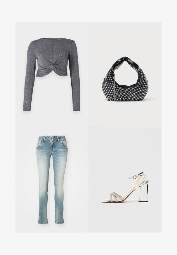 Zilveren lange mouwen cropped top met gedraaide voorkant, voorzien van een textuur met glinsterende stof voor extra glans en dimensie.; Lichtblauwe spijkerbroek van denim met een vervaagde afwerking, rechte pijpen, twee voorzakken en een twee-knops sluiting bij de taille.; Zilveren hoge hak sandaal met blokhak, drie strassbandjes over de tenen en een verstelbare enkelband met gesp.; Zwarte mesh handtas versierd met zilveren studs, met een gebogen handvat en een kettingschouderriem. Zachte textuur met een ronde vorm.