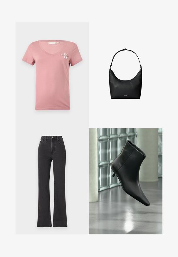 Ružové bavlnené tričko s výstrihom do V a krátkymi rukávmi, s bielym logom Calvin Klein a písmenom "K" na ľavej hrudi. Hladká textúra.; Čierne džíny s vysokým pásom a rozšírenými nohavicami vyrobené z denimu, s gombíkovým zapínaním, pútkami na opasok a bočnými vreckami. Hladká textúra s minimálnym ošúchaním.; Čierna kožená členková čižma so špicatou špičkou a nízkym kitten podpätkom, zobrazená šikmo na pozadí leštenej podlahy a steny zo sklenených blokov.; Čierna kožená taška cez rameno s textúrou, s jedným popruhom a malým logom Calvin Klein na prednej strane v strede.