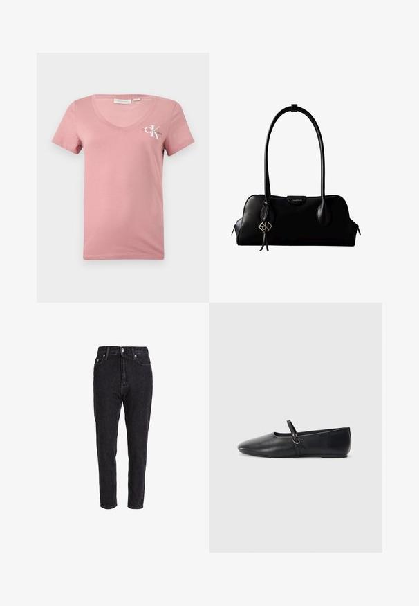 Ružové bavlnené tričko s výstrihom do V a krátkymi rukávmi, s bielym logom Calvin Klein a písmenom "K" na ľavej hrudi. Hladká textúra.; Čierne denimové džínsy s vysokým pásom, zúženými nohavicami a klasickým dizajnom s piatimi vreckami. Tkanina je mierne textúrovaná a pevná.; Čierne kožené baletky s špicatou špičkou, plochou podrážkou a malým remienkom so striebornou prackou.; Čierna kožená kabelka Calvin Klein s dlhým rameným popruhom, zipsami na stranách a ozdobným príveskom visiaci z jedného popruhu.
