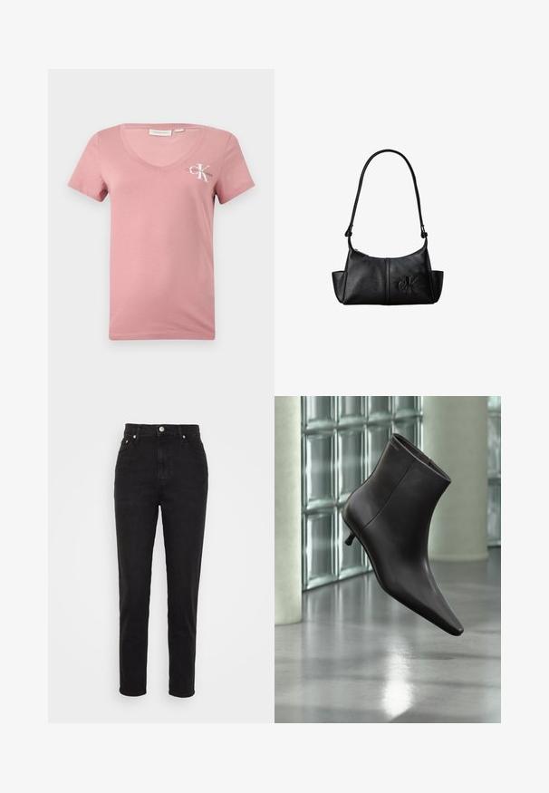 Ružové bavlnené tričko s výstrihom do V a krátkymi rukávmi, s bielym logom Calvin Klein a písmenom "K" na ľavej hrudi. Hladká textúra.; Čierne vysoké slim-fit džínsy so zapínaním na gombík vpredu, pútkami na opasok a dizajnom s piatimi vreckami na bielom pozadí.; Čierna kožená členková obuv s ostrou špičkou a nízkym podpätkom, zobrazená na pozadí steny zo sklenených blokov a leštenej podlahy.; Čierna kožená taška cez rameno s dlhým popruhom, bočnými vreckami a vystúpeným logom Calvin Klein vpredu.