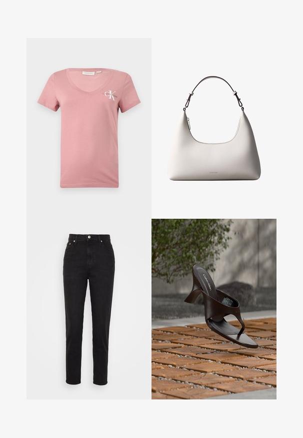 Ružové bavlnené tričko s výstrihom do V a krátkymi rukávmi, s bielym logom Calvin Klein a písmenom "K" na ľavej hrudi. Hladká textúra.; Čierne vysoké slim-fit džínsy so zapínaním na gombík vpredu, pútkami na opasok a dizajnom s piatimi vreckami na bielom pozadí.; Hnedá šľapka na podpätku značky Calvin Klein s remienkom, zavesená nad drevenou dlaždicou a štrkovým vonkajším povrchom s rozmazaným zeleným a kamenným pozadím.; Krémová kožená kabelka Calvin Klein cez rameno s oblým horným okrajom, strieborným zipsom a tmavo hnedým nastaviteľným remienkom.