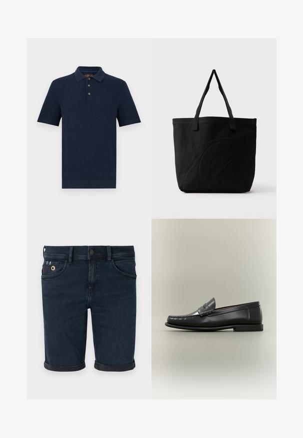Polo en maille à manches courtes bleu marine avec patte à trois boutons et col, poignets et ourlet côtelés, présenté sur fond blanc.; Shorts en denim bleu foncé avec revers roulés, passants pour ceinture, poches avant et fermeture par bouton métallique.; Mocassin pour homme en cuir noir avec un design moc-toe, une lanière à monnaie et un talon bas sur un fond neutre.; Sac fourre-tout en toile noire avec deux bandoulières et un motif circulaire discret en relief sur le devant.