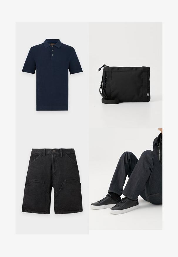Polo en maille à manches courtes bleu marine avec patte à trois boutons et col, poignets et ourlet côtelés, présenté sur fond blanc.; Short en jean noir longueur genou avec poches devant et sur les côtés, fermeture par boutons, et passants pour ceinture.; Personne assise avec les jambes pliées, portant un jean bleu foncé et des baskets basses noires avec des semelles blanches sur fond blanc.; Sac à épaule en tissu noir avec un extérieur texturé, une sangle ajustable et une fermeture à cordon. Il présente des coutures audacieuses et une étiquette sur le côté.