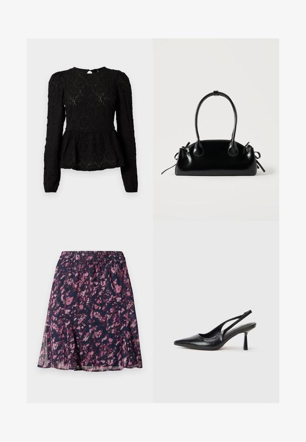 Zwarte blouse met lange mouwen, een gestructureerd patroon, een peplum taille en een sleutelgatdetail op de rug. Gemaakt van lichte, geweven stof.; Marine rok met elastische tailleband, voorzien van een abstract bloemenpatroon in roze en paars en een licht uitlopende zoom.; Zwarte leren slingback hoge hak schoenen met puntige neus en slanke hak op een witte achtergrond.; Kleine zwarte glanzende handtas met twee lange hengsels en zijkant trekkoord details op een effen lichte achtergrond.