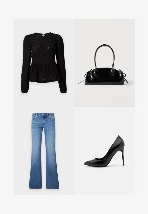Zwarte blouse met lange mouwen, een gestructureerd patroon, een peplum taille en een sleutelgatdetail op de rug. Gemaakt van lichte, geweven stof.; Lichtblauwe uitlopende jeans gemaakt van denim. Voorzien van een ontwerp met vijf zakken, metalen knoopsluiting en subtiele vervagingen bij de knieën.; Zwarte leren high heel pump met een spitse neus en een gladde textuur. Kenmerkt zich door een slanke stilettohak en een laag uitgesneden vamp ontwerp.; Kleine zwarte glanzende handtas met twee lange hengsels en zijkant trekkoord details op een effen lichte achtergrond.