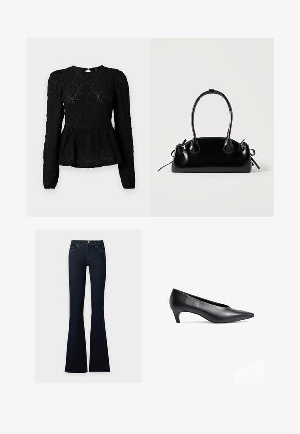 Sort langærmet bluse med et struktureret mønster, peplum talje og detaljer med nøglehul bagpå. Fremstillet af letvægts vævet stof.; Mørkeblå denimjeans med høj talje, tætsiddende omkring hofter og lår, der flår ud forneden.; Sorte læder lavhælede pumps med spids tå-design. Glat tekstur og slank silhuet, med en bøjet hæl for stabilitet.; Lille sort blank håndtaske med to lange håndtag og snøre-detaljer i siden på en ensfarvet lys baggrund.
