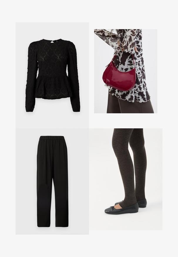Blouse noire à manches longues avec un motif texturé, taille peplum et détail en forme de goutte au dos. Fabriquée en tissu léger et tissé.; Pantalons larges noirs avec une taille élastique, fabriqués en tissu doux, présentant une coupe décontractée et une forme droite.; Jambes portant des leggings côtelés foncés associés à des ballerines noires avec de petits détails en nœud sur fond blanc.; Femme portant un chemisier à motif noir et blanc tenant un sac à main rouge brillant sur un fond uni.