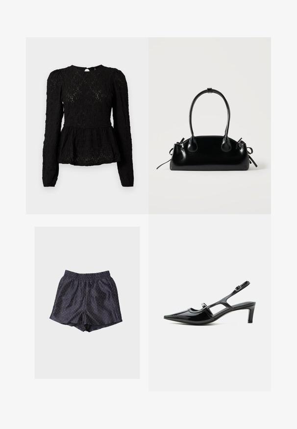 Blouse noire à manches longues avec un motif texturé, taille peplum et détail en forme de goutte au dos. Fabriquée en tissu léger et tissé.; Shorts en satin bleu marine avec taille élastique et petits pois blancs. Coupe décontractée et texture lisse.; Chaussure slingback en cuir verni noir à bout pointu, petit talon et deux brides réglables avec boucles, vue de profil latéral.; Petit sac à main noir brillant avec deux longues anses et des détails à cordon sur les côtés sur un fond clair uni.
