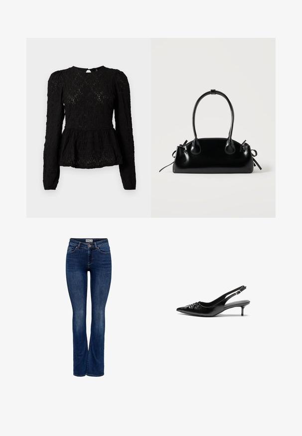 Must mustriga mustriga ja pehme kangaga must blouse, millel on tekstuuriga muster, peplum talje ja võtmega seljaosa detail. Valmistatud kergest kangast.; Tumed sinine teksapüksid, millel on kerge kulumine, viie tasku disain, nupuga sulgemine ja bootcut jalgade stiil, millel on vööl silt "ONLY".; Mustad nahast rihmikud terava nina, madala kassisaba kand ja volditud detailiga eespool. Siledat tekstuuri ja minimalistlikku disaini.; Väike must läikiv käekott kahe pika sangaga ja külgedel paelakinnitustega, ühel lihtsal helel taustal.