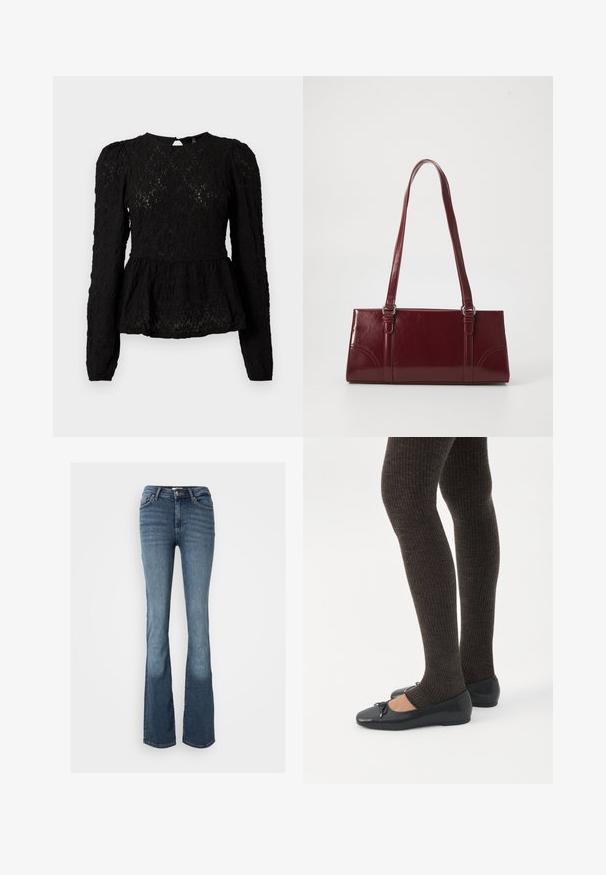 Sort langærmet bluse med et struktureret mønster, peplum talje og detaljer med nøglehul bagpå. Fremstillet af letvægts vævet stof.; Bootcut jeans lavet af blåt denim. Har en mid-rise talje, fem lommer, diskrete syninger og et let falmet udseende på benene.; Ben iført mørke ribbede leggings kombineret med sorte balletsko med små sløjfedetaljer på hvid baggrund.; Bordeaux håndtaske lavet af glansfuldt materiale, rektangulær form, med to skulderremme og subtile buede detaljer på forsiden.