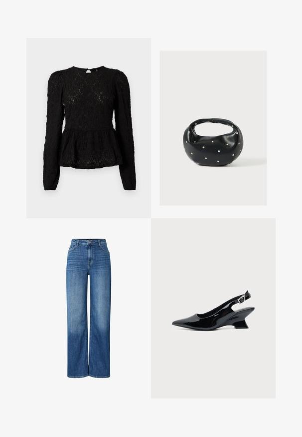 Sort langærmet bluse med et struktureret mønster, peplum talje og detaljer med nøglehul bagpå. Fremstillet af letvægts vævet stof.; Bredbenede blå denimjeans med høj talje, med slidte områder, traditionelt fem-lomme design og knaplukning foran.; Sort laklæder slingback sko med spids tå og lav vinklet blokhæl på ensartet lys baggrund.; Sort læderhåndtaske med en rundet form, dekoreret med sølvnitter, og et kort håndtag. Glat tekstur og lynlåslukning.