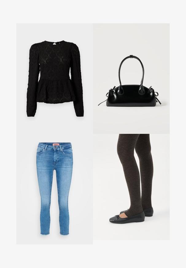 Must mustriga mustriga ja pehme kangaga must blouse, millel on tekstuuriga muster, peplum talje ja võtmega seljaosa detail. Valmistatud kergest kangast.; Heledad sinine denimist kitsad teksad keskmise kõrgusega vöökohaga, viie tasku ja toore äärisega pahkluudes. Brändi silt on nähtav vöökohal.; Jalad seljas tumedad soonelises soonelises kombines mustade baleriinadega, millel on väikesed paelade detailid valgel taustal.; Väike must läikiv käekott kahe pika sangaga ja külgedel paelakinnitustega, ühel lihtsal helel taustal.