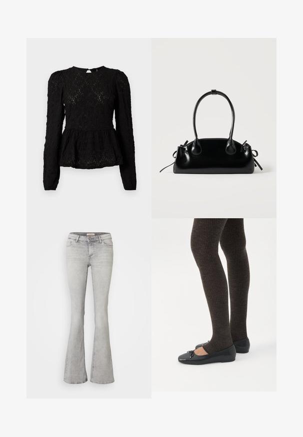 Sort langærmet bluse med et struktureret mønster, peplum talje og detaljer med nøglehul bagpå. Fremstillet af letvægts vævet stof.; Grå denim jeans med flared ben, tætsiddende talje, fem lomme-design og let slidte områder. Med knaplukning og syet kant.; Ben iført mørke ribbede leggings kombineret med sorte balletsko med små sløjfedetaljer på hvid baggrund.; Lille sort blank håndtaske med to lange håndtag og snøre-detaljer i siden på en ensfarvet lys baggrund.