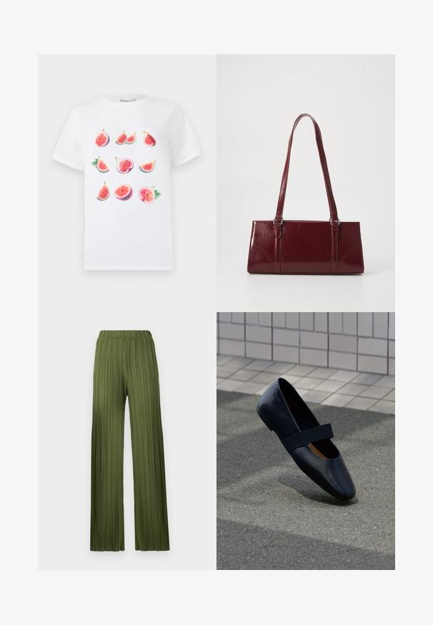 Camiseta blanca de algodón con un estampado gráfico de varios higos en diferentes orientaciones y colores, destacando la pulpa rosa y las hojas verdes.; Pantalones anchos plisados verdes con cintura elástica. La tela texturizada presenta rayas verticales que crean una apariencia fluida.; Zapato plano de cuero negro con punta redonda, que presenta una suave correa elástica negra sobre la parte superior. Textura suave y diseño minimalista.; Bolso burdeos hecho de material brillante, de forma rectangular, con dos asas para el hombro y sutiles acentos curvados en la parte frontal.