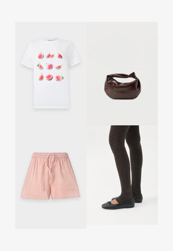 T-shirt en coton blanc avec un imprimé graphique de diverses figues dans différentes orientations et couleurs, mettant en valeur la chair rose et les feuilles vertes.; Shorts rose clair avec des rayures verticales rouges, fabriqués en tissu doux. Dotés d'une taille élastique avec un cordon de serrage pour un ajustement.; Jambes portant des leggings côtelés foncés associés à des ballerines noires avec de petits détails en nœud sur fond blanc.; Sac bandoulière en cuir marron foncé avec une forme souple et décontractée et une anse nouée torsadée sur un fond blanc uni.