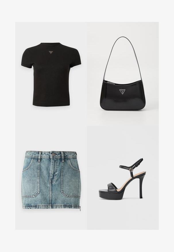 Kurzes schwarzes Cropped-T-Shirt mit einem kleinen, dreieckigen Nieten-Detail an der Vorderseite in der Nähe des Ausschnitts.; Helles, blaues Denim-Minirock mit Fünf-Taschen-Design, Gürtelschlaufen, Metallknopfverschluss und kontrastierenden Nähten.; Schwarze Plateausandalen mit hohem Stiletto-Absatz, ausgestattet mit einem glatten Lederobermaterial, einem Peeptoe-Design und einem verstellbaren Knöchelriemen mit Metallbeschlägen.; Schwarze patentierte Leder-Schultertasche mit geschwungener Form, ausgestattet mit einem silbernen Dreieckslogo und einem Reißverschluss. Glatte Textur und schmaler Riemen.