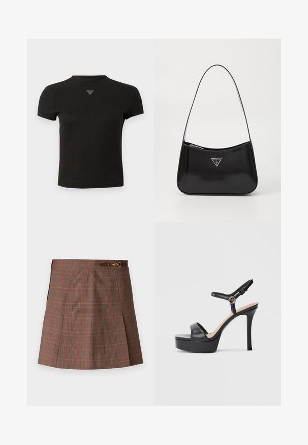 Korte sorte cropped t-shirt med en lille trekantet nitterdetalje centralt foran nær halsudskæringen.; Brunternet skørter med orange accenter, der har et plisseret design, en tætsiddende talje og en dekorativ guldfarvet detalje på bæltet.; Sorte platformsandaler med høj stiletthæl, der har en glat læderoverdel, peep toe-design og en justerbar ankelrem med metalbeslag.; Sort patenteret læder skuldertaske med en buet form, prydet med et sølvfarvet trekantet logo og en lynlås-lukning. Glat tekstur og slank rem.