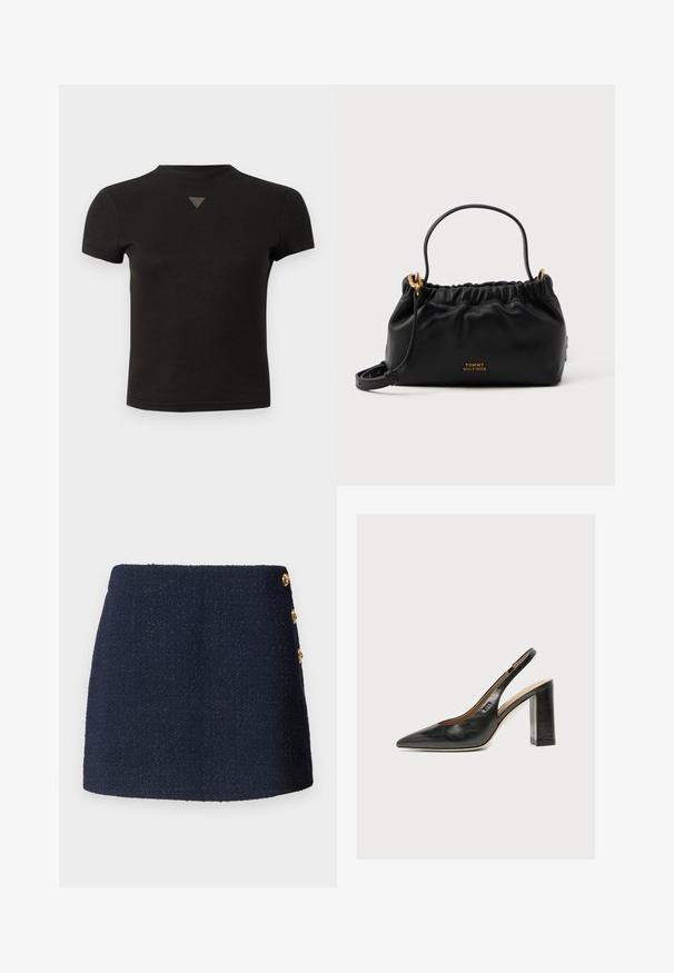 Camiseta negra corta con un pequeño detalle triangular de tachuelas en la parte frontal cerca del escote.; Falda mini de textura azul marino con tres botones decorativos dorados en el lateral.; Zapato de mujer slingback de piel negra con puntera puntiaguda y tacón alto grueso de bloque sobre fondo blanco.; Bolso de piel negra con parte superior fruncida, una asa corta y una correa de hombro removible. Presenta un acento de logo dorado y una textura suave.