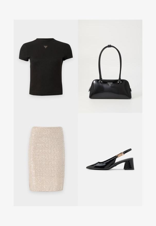 T-shirt noir court avec un petit détail en clous en forme de triangle au centre avant, près du col.; Jupe crayon beige scintillante avec une coupe ajustée, recouverte de petits sequins réfléchissants, texture lisse et ourlet droit.; Bottines à talon en vernis noir avec un bout pointu et des accessoires dorés sur la bride, dotées d'un talon bloc. Texture lisse.; Sac à main noir brillant avec une silhouette incurvée, deux poignées et une plaque logo à l'avant. Fermeture éclair et accents en matériel brillant.