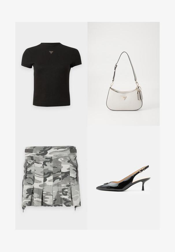 Korte sorte cropped t-shirt med en lille trekantet nitterdetalje centralt foran nær halsudskæringen.; Camouflage-mønstret nederdel i nuancer af grå og sort, med plisseringer, to sidelommer og en lynlåslukning ved kanten.; Sort patentlæder slingback hæl med spids tå, lille kitten hæl og sølvspænde på en ensartet hvid baggrund.; Hvid tekstureret håndtaske med en buet form, guldfarvet hardware, en aftagelig rem og et logo-akcent. Inkluderer en nøglekædetag med branding.