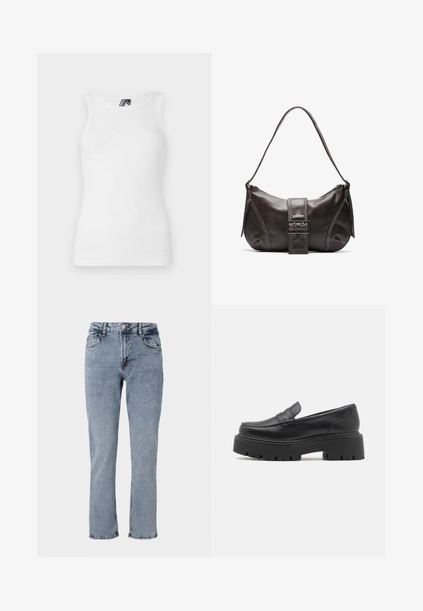 Hvid ribbet tanktop med rund halsudskæring og ærmeløst design, lavet af en blød bomuldsblanding med en tætsiddende silhuet.; Lyseblå denimjeans med høj talje, fem lommer og lige ben design. Har subtile falmninger og kontraststing detaljer.; Sorte læder loafers med en lav, grov gummi sål, syede detaljer på overdelen og en glat overflade.; Brun læder skuldertaske med en buet form, der har et fremtrædende spænde, kontrasterende syninger og en enkelt skulderrem.