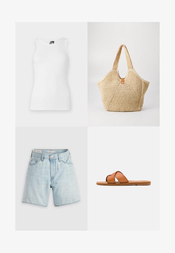Top de tirantes blanco con canalé, que presenta un escote redondo y un diseño sin mangas, hecho de una suave mezcla de algodón con una silueta ajustada.; Shorts de mezclilla de lavado claro, de cintura alta, con un diseño de cinco bolsillos, cierre de botón y cremallera plateados, con dobladillo deshilachado y un ligero desgastado.; Sandalia plana de cuero marrón con tiras cruzadas, suela plana, textura suave y características de diseño minimalista para uso casual.; Gran bolsa de paja con un exterior texturizado en color beige y dos asas anchas. Presenta una correa de acento de cuero para el cierre.