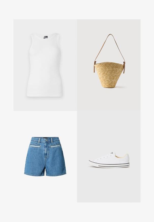 Débardeur blanc à côtes avec un col rond et sans manches, fabriqué en un doux mélange de coton avec une silhouette ajustée.; Shorts en denim bleu taille haute avec fermeture à boutons sur le devant, passants pour ceinture et deux poches horizontales à l'avant sur fond blanc.; Baskets blanches en toile avec un profil bas, un embout rond, des rayures noires sur la semelle et six œillets pour les lacets. Finition en tissu texturé.; Sac seau en paille tissée avec une base large, un sommet étroit et une bandoulière en cuir marron ajustable.