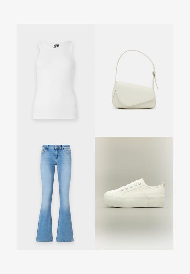 Hvid ribbet tanktop med rund halsudskæring og ærmeløst design, lavet af en blød bomuldsblanding med en tætsiddende silhuet.; Lysblå flagrende jeans lavet af denim med midt-høj talje, med forlommer og syninger langs sømme og kanter.; Hvid platform sneaker med tyk struktureret sål, snørelukning foran og subtile syningsdetaljer på en neutral baggrund.; Hvid taske i faux læder med en struktureret trekantet form, enkelt justerbart skulderstrop og en flaplås med kurver.