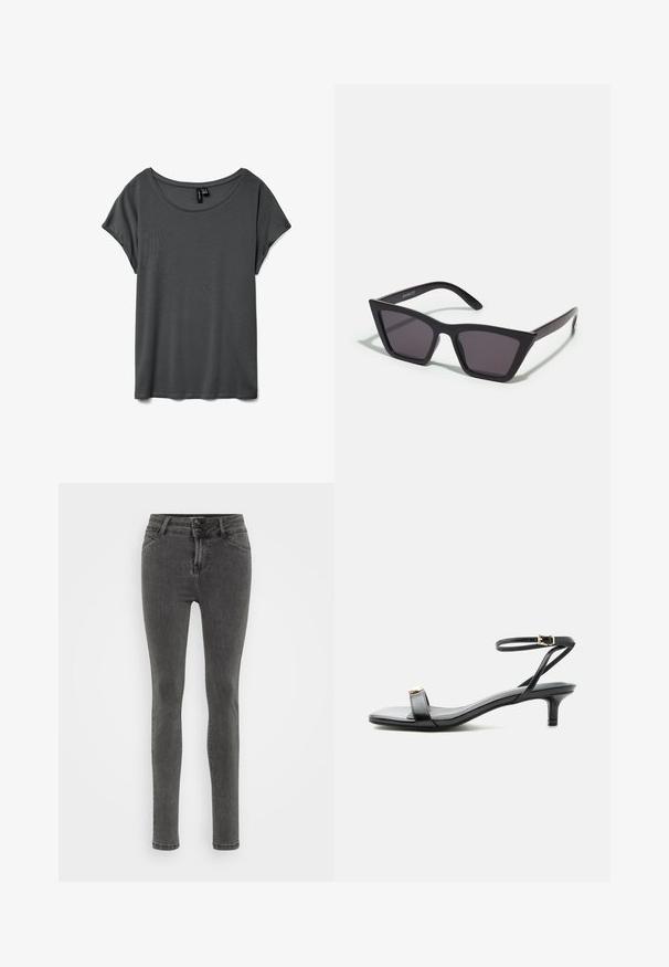 Graues Kurzarm-T-Shirt mit weitem Rundhalsausschnitt, aus weichem Material und lässigem Schnitt. Keine sichtbaren Muster oder Akzente. Glatte Textur.; Schmale graue Jeans aus Denim, mit hoher Taille, Zwei-Knopf-Verschluss und minimalen Nähten für ein elegantes Erscheinungsbild.; Schwarze Leder-Sandalette mit offenem Zehenbereich, niedrigem Kitten-Heel, dünnem Knöchelriemen mit goldfarbener Schnalle und dekorativem goldfarbenem Akzent am vorderen Riemen.; Schwarze, eckige Sonnenbrille mit grauen Gläsern; aus Kunststoff gefertigt, mit dicken Bügeln, die eine glatte Oberfläche und keine sichtbaren Beschläge haben.