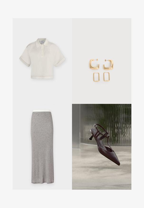 Polo blanc à manches courtes cropped avec trois boutons et logo discret sur la poitrine gauche, présenté sur un fond uni.; Jupe longue en maille grise au toucher doux, taille cintrée. Design simple, sans motifs ni accessoires visibles.; Escarpin slingback en cuir brun foncé à bout pointu, avec des fines lanières et un petit talon kitten incurvé, présenté sur un fond abstrait.; Deux paires de Boucles d'oreilles créoles géométriques dorées sur une surface blanche unie, une paire carrée et pleine, une paire rectangulaire et creuse.