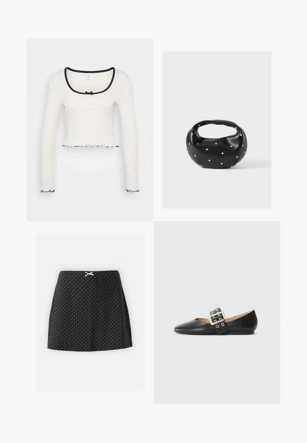 Biely dlhý rukáv crop top s širokým výstrihom obšitou čiernym lemom, strednou mašľou a volánovitým čiernym lemovaním na manžetách a leme.; Čierna sukňa s bielymi bodkami, s naťahovacím pásom a malou dekoratívnou stužkou vpredu. Krátky a rozšírený strih.; Čierny kožený balerín s špicatou špičkou a ozdobným pásikom so striebornými kovovými prvkami a malými výrezmi.; Čierna kožená kabelka s zaobleným tvarom, zdobená striebornými cvočkami a krátkym rúčkou. Hladká textúra a zapínanie na zips.