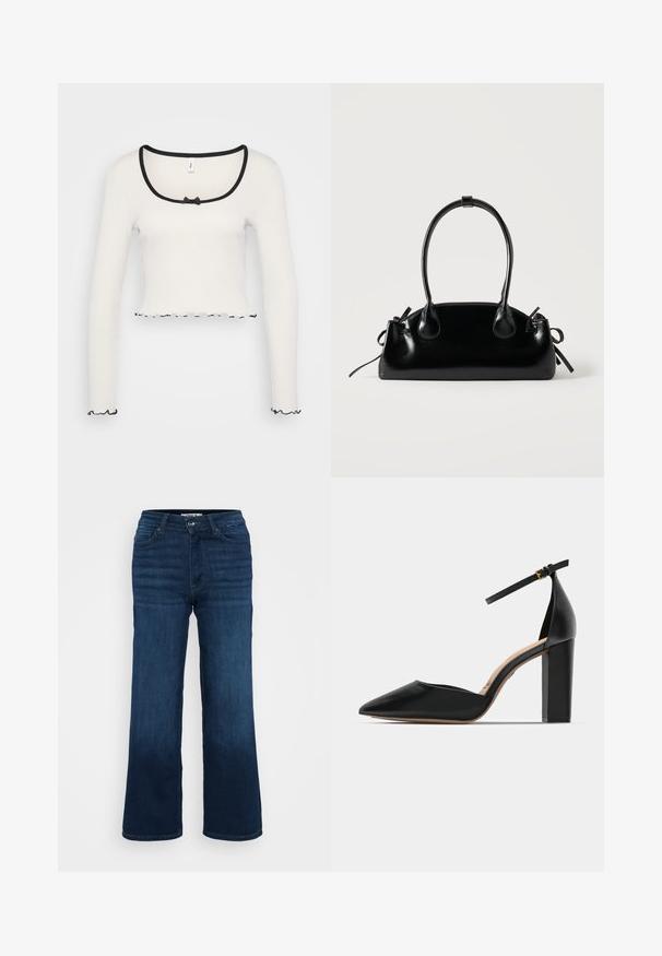 Hvid langærmet crop top med en bred sortkantet rund halsudskæring, en center bånd detalje, og flæser i sort ved ærmerne og kanten.; ONLY Petite ONLMADISON BLUSH WIDE - Wide leg - dark blue denim; Sorte læder højhælede sko med ankelrem, spids tå og firkantet chunky hæl. Glat tekstur med et minimalistisk design.; Lille sort blank håndtaske med to lange håndtag og snøre-detaljer i siden på en ensfarvet lys baggrund.
