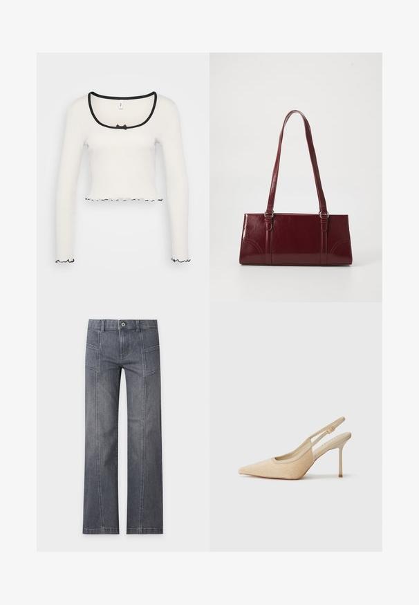 Weißes Langarm-Crop-Top mit weitem, schwarz eingefasstem Rundhalsausschnitt, einer mittigen Schleifendetail und gerüschtem schwarzen Saum an den Ärmeln und dem unteren Rand.; Straight-leg graue Denim-Jeans mit vorderen Nahtdetails, Gürtelschlaufen und Knopfverschluss vor einem schlichten hellen Hintergrund.; Beige Slingback-Pumps mit spitzem Zehenbereich, aus strukturiertem Material, mit schlankem Absatz und verstellbarem Riemen.; Burgunderfarbene Handtasche aus glänzendem Material, rechteckige Form, mit zwei Schulterriemen und subtilen, geschwungenen Akzenten an der Vorderseite.