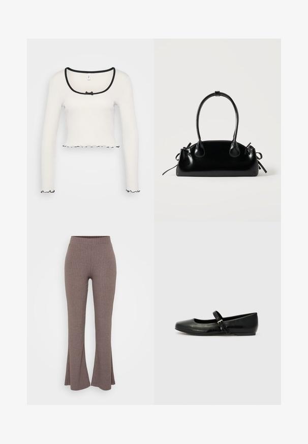 Weißes Langarm-Crop-Top mit weitem, schwarz eingefasstem Rundhalsausschnitt, einer mittigen Schleifendetail und gerüschtem schwarzen Saum an den Ärmeln und dem unteren Rand.; Braune gerippte Schlaghosen mit einem hohen, dehnbaren Bund und einer weichen Textur, die ein dezentes vertikales Muster aufweisen.; Schwarze Leder-Ballerinas mit einer runden Spitze, einer flachen Sohle und einem dünnen, verstellbaren Riemen über dem Spann mit einer Metallschnalle.; Kleine schwarze glänzende Handtasche mit zwei langen Griffen und seitlichen Kordelzug-Details vor einfachem hellem Hintergrund.