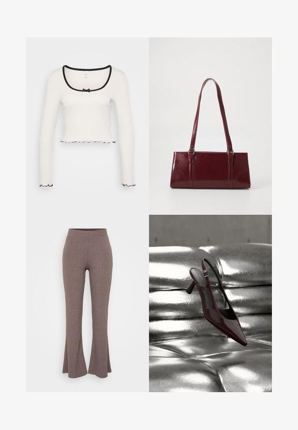 Biely dlhý rukáv crop top s širokým výstrihom obšitou čiernym lemom, strednou mašľou a volánovitým čiernym lemovaním na manžetách a leme.; Hnedé rebrované rozšírené nohavice s vysokým, elastickým pásom a jemnou textúrou, ktoré majú jemný vertikálny vzor po celom obvode.; Lesklá tmavočervená sandálová topánka na vysokom podpätku so špicatou špičkou, vystavená na lesklom striebornom prešívanom koženom povrchu.; Bordová kabelka vyrobená z lesklého materiálu, obdĺžnikový tvar, s dvoma ramennými popruhmi a jemnými zakrivenými akcentmi na prednej strane.