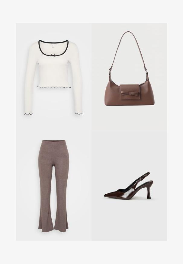 Weißes Langarm-Crop-Top mit weitem, schwarz eingefasstem Rundhalsausschnitt, einer mittigen Schleifendetail und gerüschtem schwarzen Saum an den Ärmeln und dem unteren Rand.; Braune gerippte Schlaghosen mit einem hohen, dehnbaren Bund und einer weichen Textur, die ein dezentes vertikales Muster aufweisen.; Braune lackleder Slingback-Absätze mit spitzem Zehen, einem dünnen Absatz und einem verstellbaren Riemen mit einer kleinen Schnalle.; Braune Leder-Umhängetasche mit einer vorderen Klappentasche, die ein gestepptes Schleifendetail und einen verstellbaren Riemen aufweist.