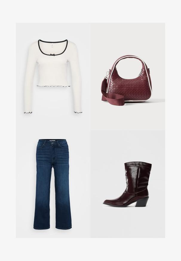 Top corto de manga larga blanco con un amplio escote redondeado ribeteado en negro, un detalle de lazo en el centro y borde negro con volantes en los puños y en el dobladillo.; ONLY Petite ONLMADISON BLUSH WIDE - Pernera ancha - dark blue denim; Botines de cuero burdeos con punta afilada, superficie texturizada y tacón bajo cónico. Presentan costuras sutiles y un ajuste ceñido.; Bolso de mano de cuero tejido color granate con asa curva, ribete blanco, cremallera plateada y correa desmontable de tela ancha para el hombro sobre fondo liso.