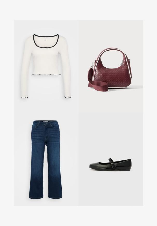Valge pikki varrukatega lühike topp, millel on lai musta äärisega ümmargune kaelus, keskel kaarekuju detail ning volangiga must äär varrukatel ja allääres.; ONLY Petite ONLMADISON BLUSH WIDE - Wide leg - dark blue denim; Musthave musta nahast balletkingad ümmarguse varbaga, lame tald ja õhuke reguleeritav rihm üle jala, millel on metallist pandla.; Väike bordoopunutud nahkkäekott kumerate käepidemete, valgete äärte, hõbedase tõmblukuga ja eemaldatava laiast kangast õlarihmaga lihtsa taustaga.