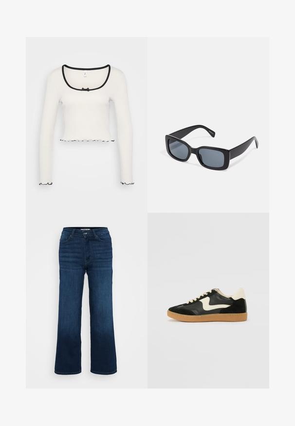 Weißes Langarm-Crop-Top mit weitem, schwarz eingefasstem Rundhalsausschnitt, einer mittigen Schleifendetail und gerüschtem schwarzen Saum an den Ärmeln und dem unteren Rand.; ONLY Petite ONLMADISON BLUSH WIDE - Wide Leg - dark blue denim; Schwarze Wildleder- und Leder-Sneaker mit einem cremefarbenen Seiten-Swoosh und einer hellcremefarbenen Ferse. Ausgestattet mit beige Schnürsenkeln und einer Gummilaufsohle.; Schwarze rechteckige Sonnenbrille mit dunkel getönten Gläsern, dickem Kunstrahmen und breiten Bügeln. Glatte Oberfläche und kantiges Design.
